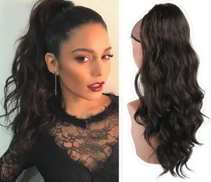CINHOO Natural Black Long Body Wavy Drawstring Ponytail Extension Drawstring Heat Resistant 24 Inch Curly Wavy Pony Tail Hair Bun Hair Peace for Women(2#)