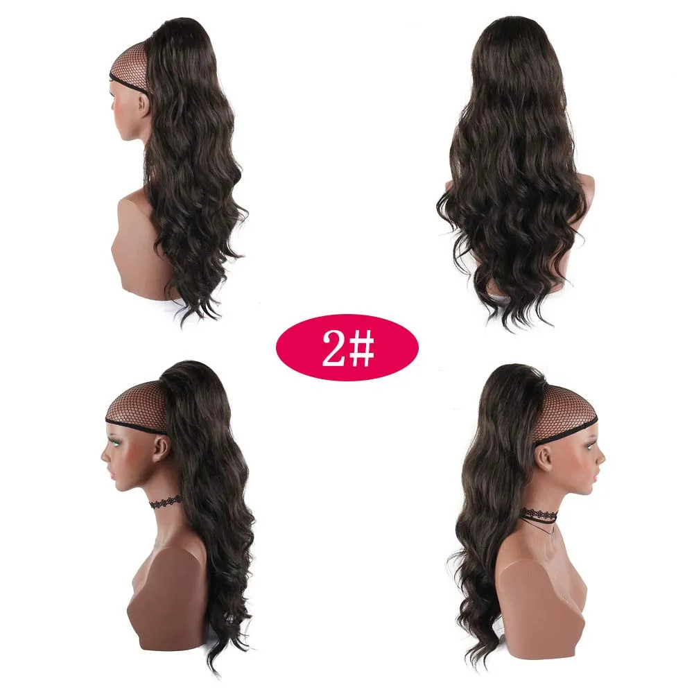 CINHOO Natural Black Long Body Wavy Drawstring Ponytail Extension Drawstring Heat Resistant 24 Inch Curly Wavy Pony Tail Hair Bun Hair Peace for Women(2#)
