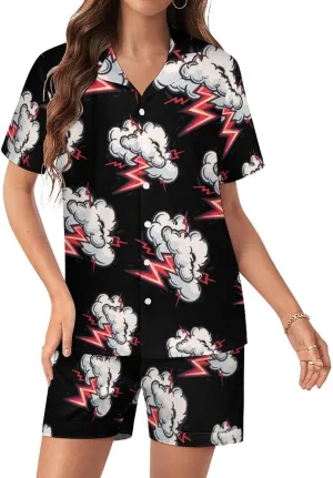 Cloud Thunder Women's Satin Pajama Set Short Sleeve Button Down Sleepwear Loungewear Pj Set