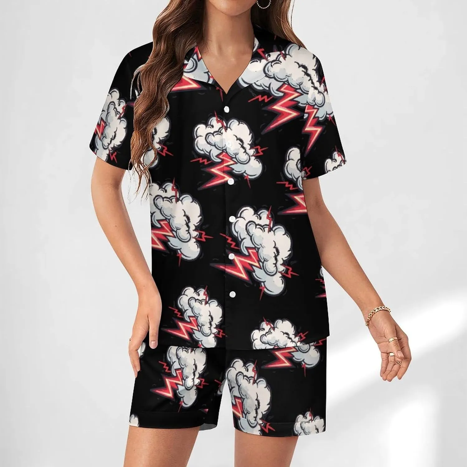 Cloud Thunder Women's Satin Pajama Set Short Sleeve Button Down Sleepwear Loungewear Pj Set