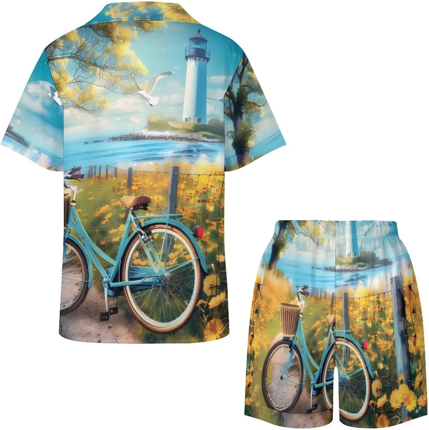 Coastal Lighthouse And Seagull Seaside Bikes Women's Satin Pajama Set Short Sleeve Button Down Sleepwear Loungewear Pj Set