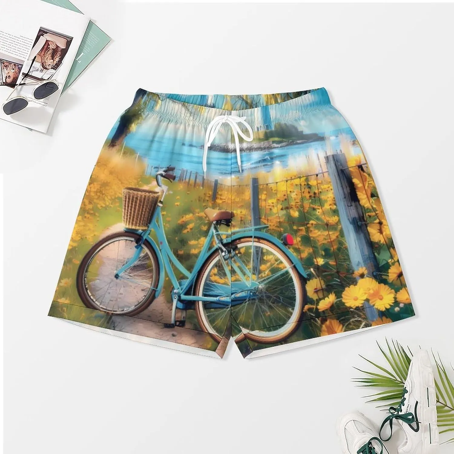 Coastal Lighthouse And Seagull Seaside Bikes Women's Satin Pajama Set Short Sleeve Button Down Sleepwear Loungewear Pj Set