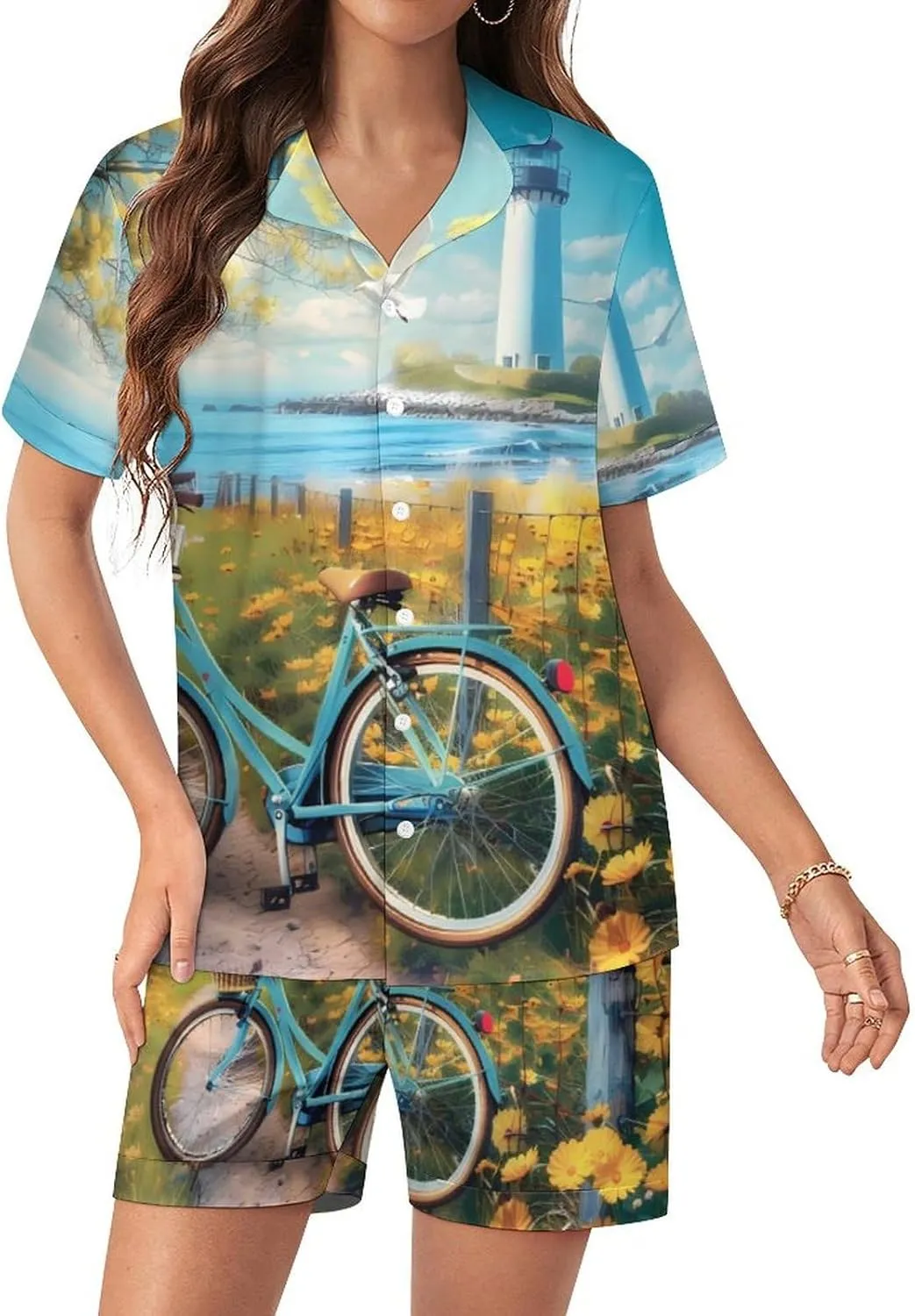 Coastal Lighthouse And Seagull Seaside Bikes Women's Satin Pajama Set Short Sleeve Button Down Sleepwear Loungewear Pj Set