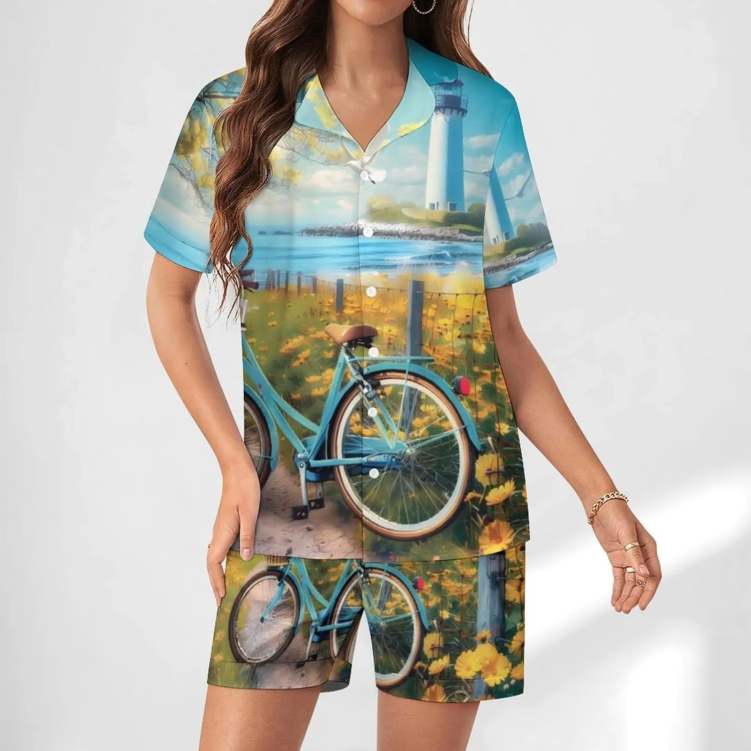Coastal Lighthouse And Seagull Seaside Bikes Women's Satin Pajama Set Short Sleeve Button Down Sleepwear Loungewear Pj Set