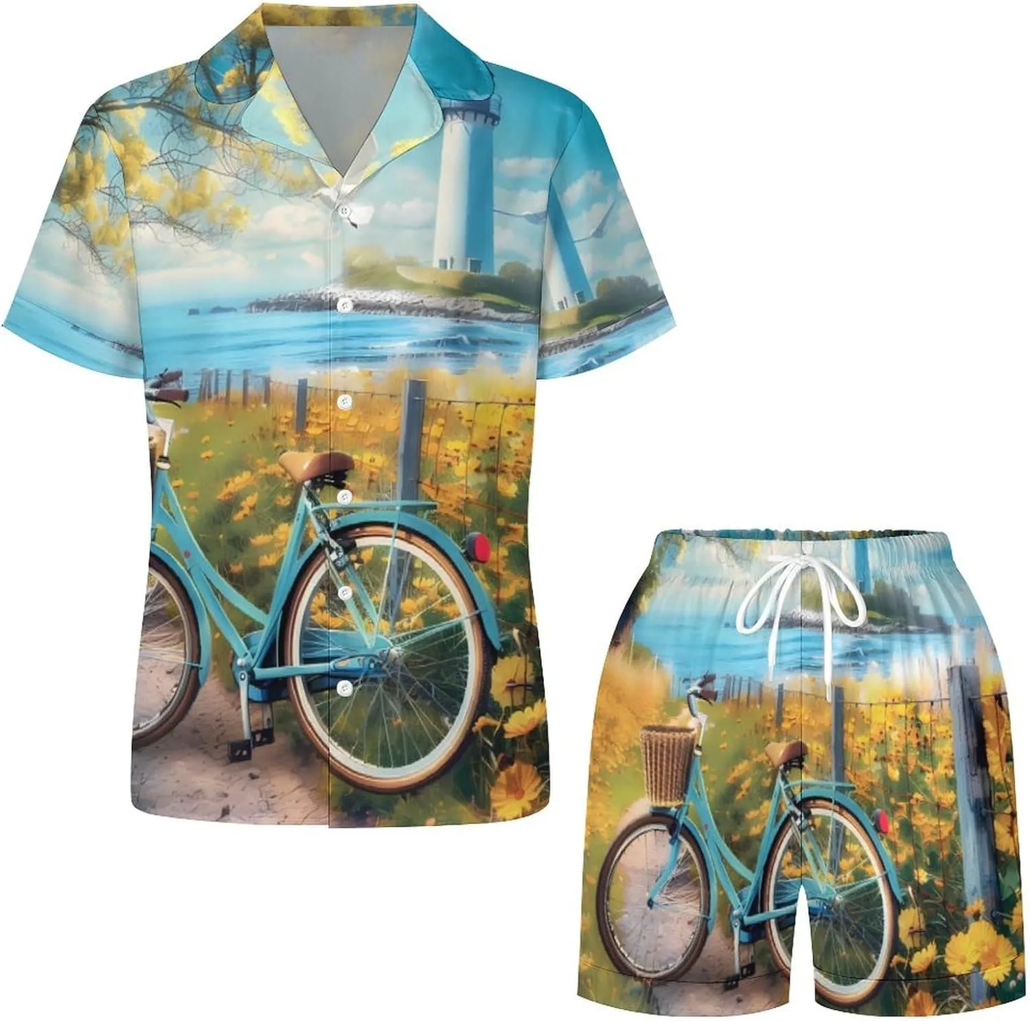 Coastal Lighthouse And Seagull Seaside Bikes Women's Satin Pajama Set Short Sleeve Button Down Sleepwear Loungewear Pj Set