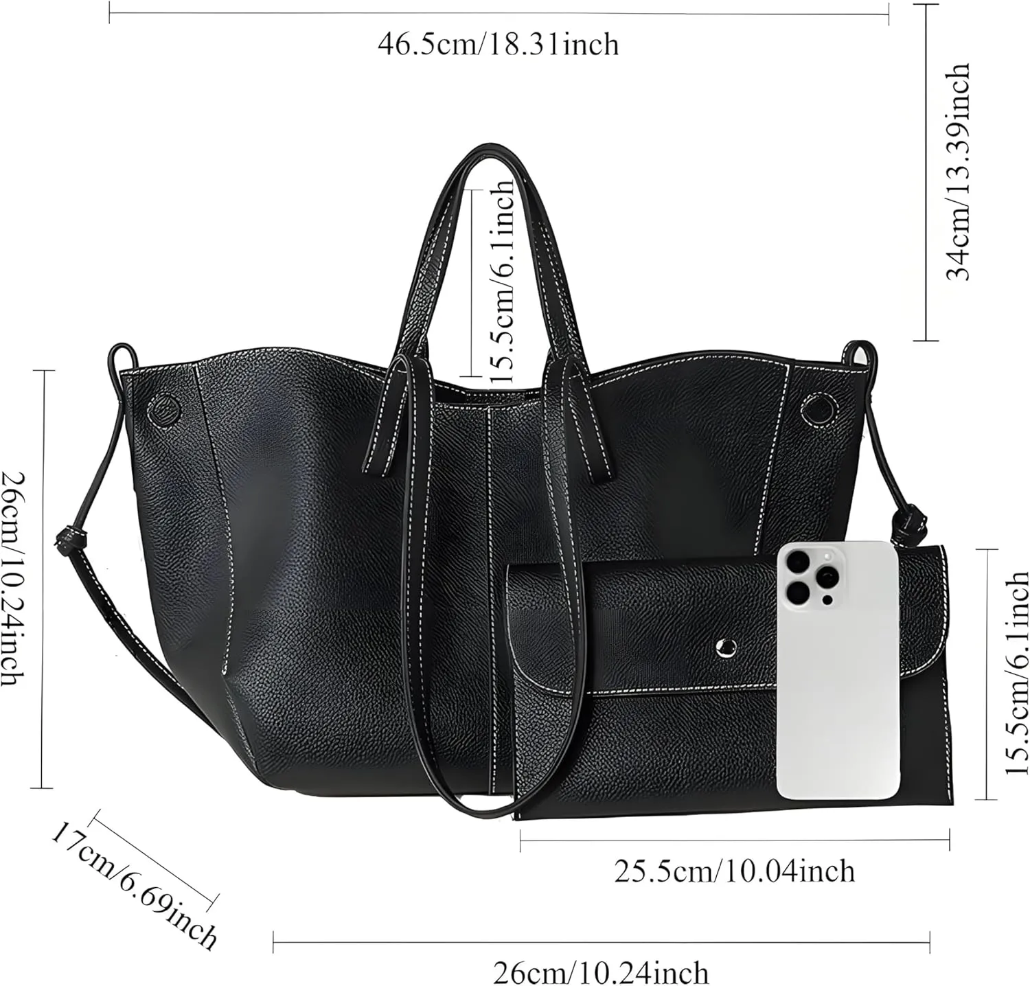 Comes with wallet and wing shaped tote bag, magnetic seal, synthetic leather, handheld and single shoulder (non adjustable)