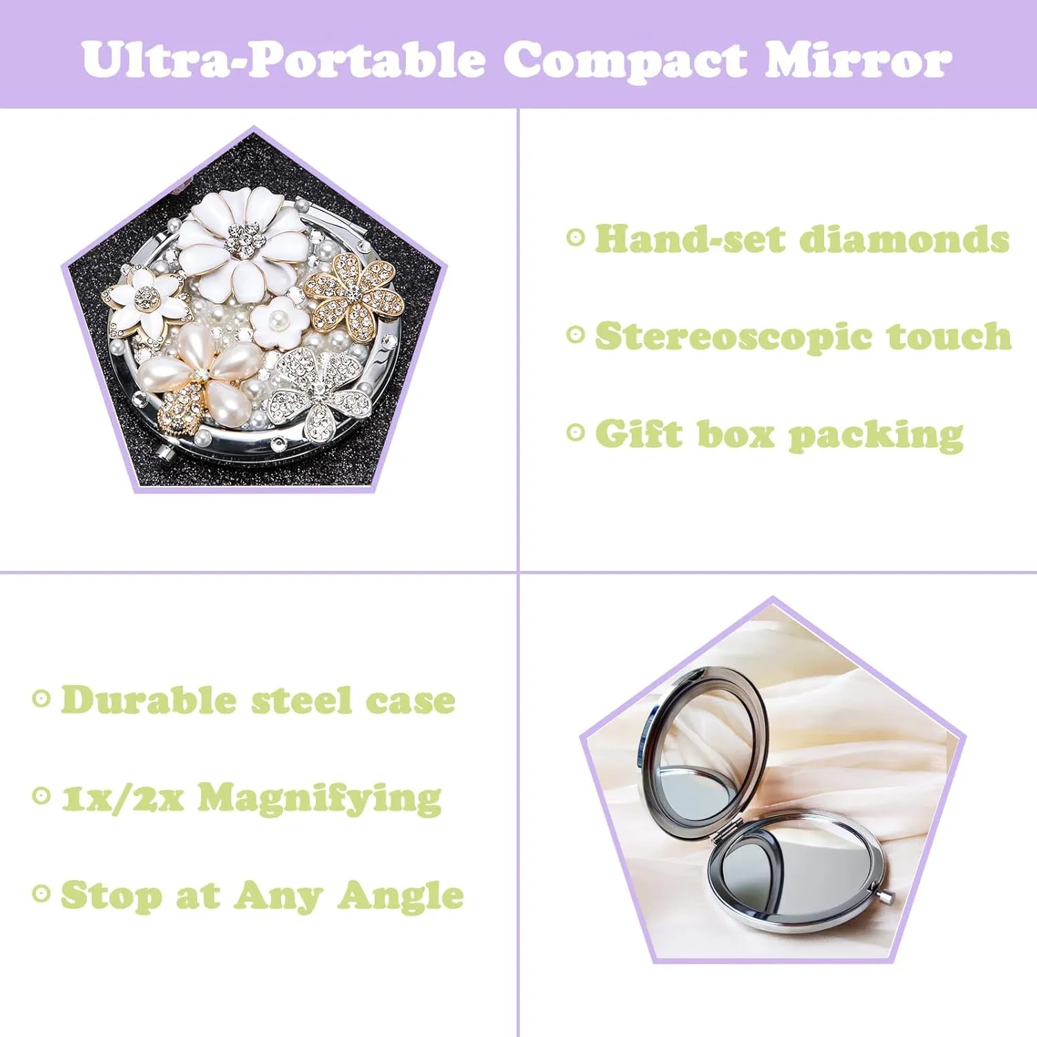 Compact Mirror 1x/2x Magnification Pocket Mirror for Women Portable Mirror 3inch Cute Small Mirror Travel Makeup Mirror (Daisy)