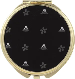 Compact Mirror, Nishijin Textile Silk Hand Mirror, Double-Sided Mirror, Magnifier, Made in Japan, Round Size, Mt. Fuji and Cherry Blossom Pattern -18, Hokusai (Black/Gold)