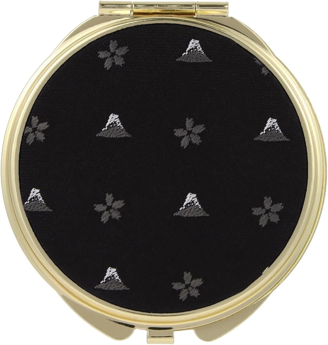 Compact Mirror, Nishijin Textile Silk Hand Mirror, Double-Sided Mirror, Magnifier, Made in Japan, Round Size, Mt. Fuji and Cherry Blossom Pattern -18, Hokusai (Black/Gold)