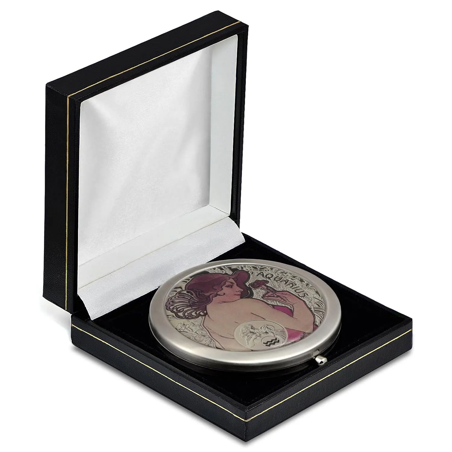 Compact mirror with Vintage Zodiac Sign Design, Stainless Steel, Gift Box included | Pocket magnifying mirror