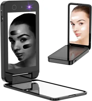 Compact UV Mirror with UV Camera for Sunscreen Test, 4 Inch Rechargable Travel Mirror Handheld Double-Sided Pocket Mirror for Skin Protection