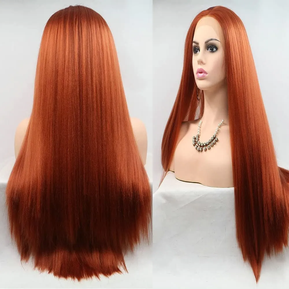 Copper Red Lace Front Wigs Glueless Yaki Straight Heat Resistant Synthetic Hair Replacement Wig for Women Half Hand Tied 26inch