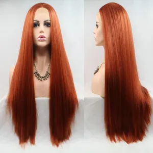 Copper Red Lace Front Wigs Glueless Yaki Straight Heat Resistant Synthetic Hair Replacement Wig for Women Half Hand Tied 26inch