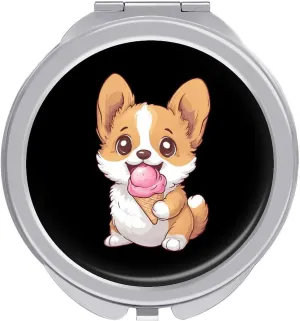 Corgi Puppy Eating Ice-Cream Travel Makeup Mirror 2-Sided 1x 2X Magnification Portable Mini Mirror for Handbag Purse Pocket