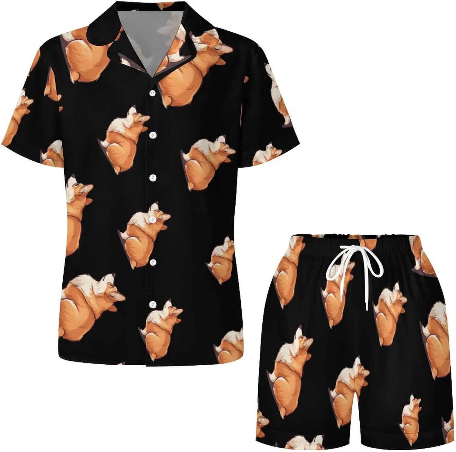 Corgi Women's Satin Pajama Set Short Sleeve Button Down Sleepwear Loungewear Pj Set