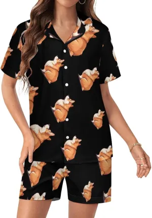 Corgi Women's Satin Pajama Set Short Sleeve Button Down Sleepwear Loungewear Pj Set