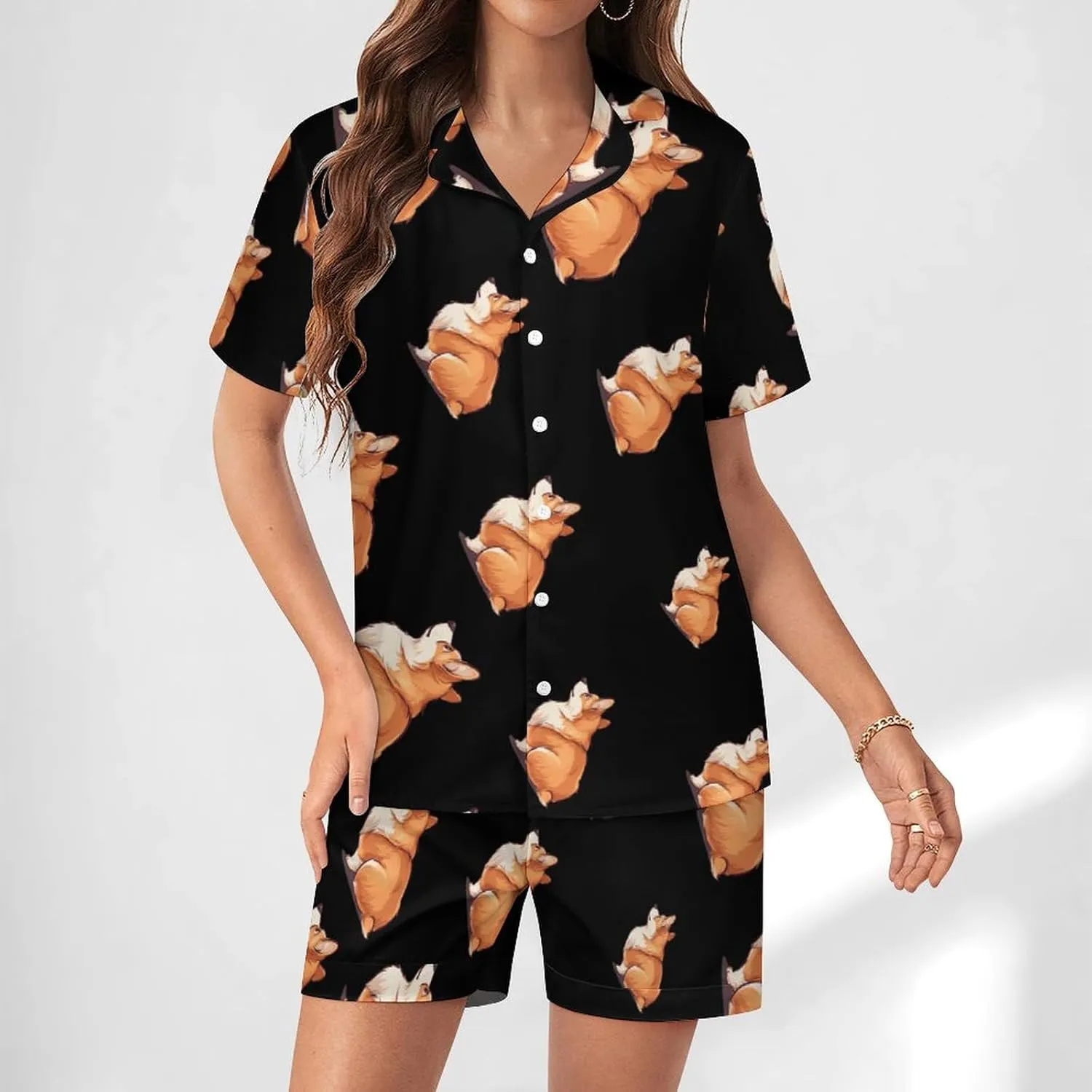 Corgi Women's Satin Pajama Set Short Sleeve Button Down Sleepwear Loungewear Pj Set