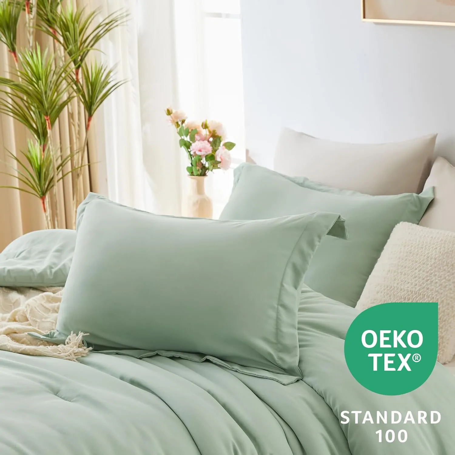 CozyLux California King Size Comforter Set Sage Green 7 Pieces Cal King Bedding Set with Comforter, Flat Sheets, Fitted Sheet, Pillowcases & Shams, Contrasting Design Boho Bed in a Bag for All Season