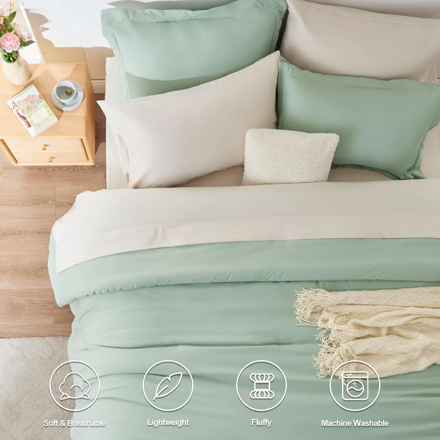 CozyLux California King Size Comforter Set Sage Green 7 Pieces Cal King Bedding Set with Comforter, Flat Sheets, Fitted Sheet, Pillowcases & Shams, Contrasting Design Boho Bed in a Bag for All Season