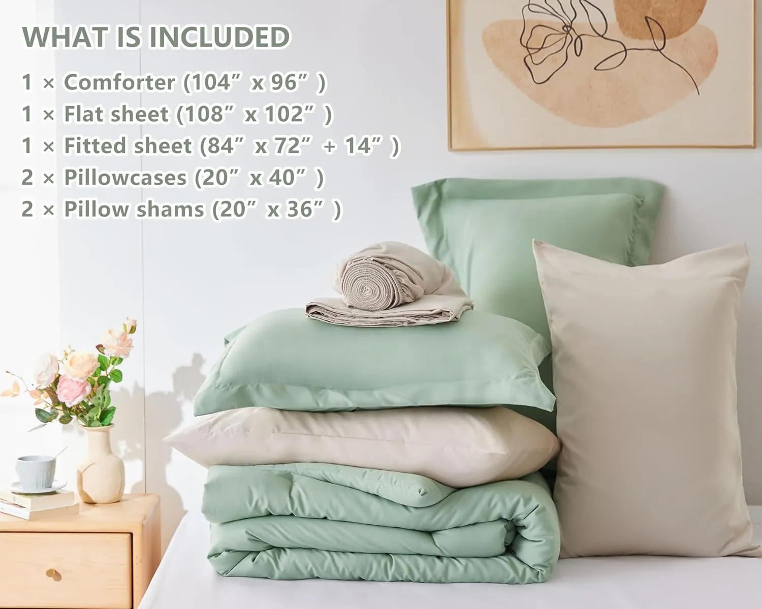 CozyLux California King Size Comforter Set Sage Green 7 Pieces Cal King Bedding Set with Comforter, Flat Sheets, Fitted Sheet, Pillowcases & Shams, Contrasting Design Boho Bed in a Bag for All Season