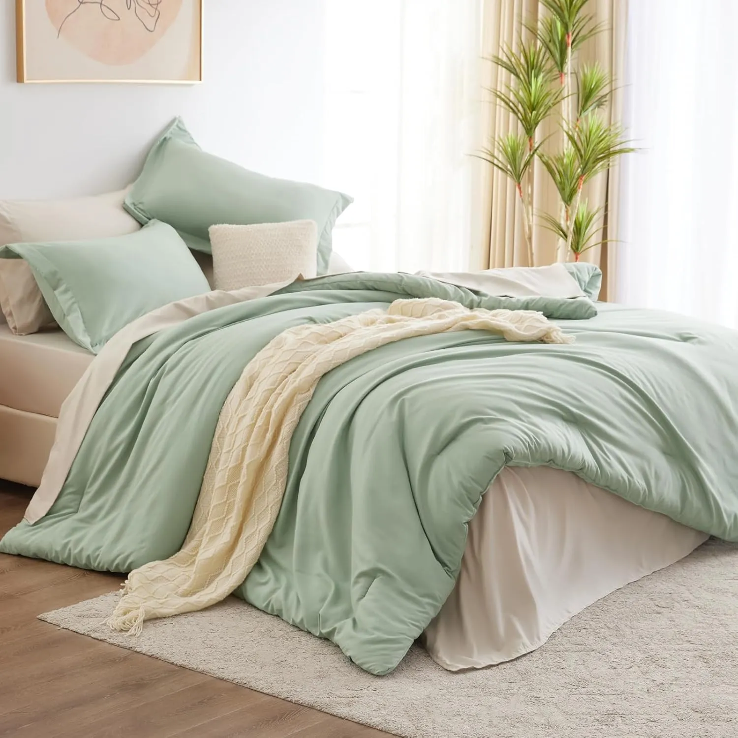 CozyLux California King Size Comforter Set Sage Green 7 Pieces Cal King Bedding Set with Comforter, Flat Sheets, Fitted Sheet, Pillowcases & Shams, Contrasting Design Boho Bed in a Bag for All Season