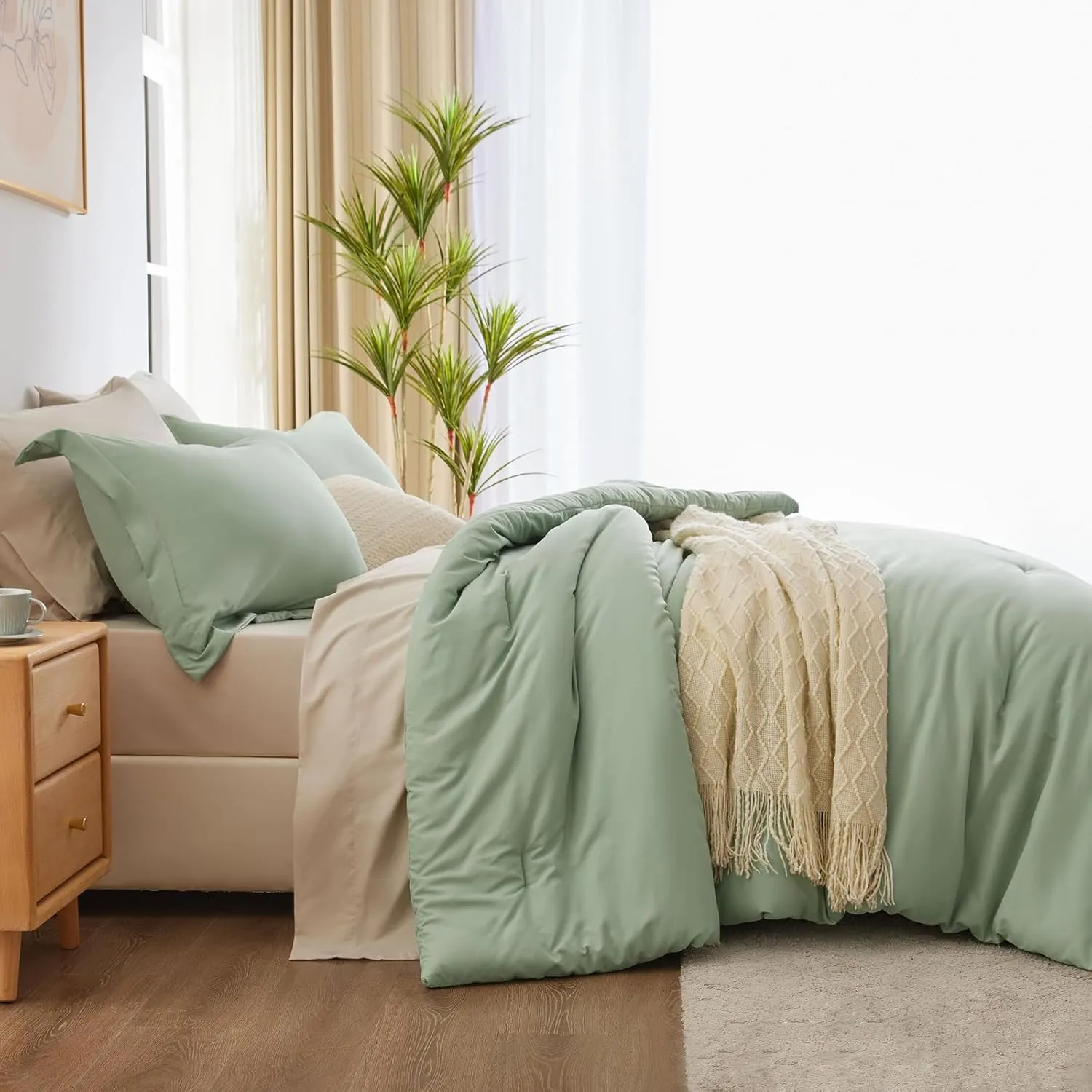 CozyLux California King Size Comforter Set Sage Green 7 Pieces Cal King Bedding Set with Comforter, Flat Sheets, Fitted Sheet, Pillowcases & Shams, Contrasting Design Boho Bed in a Bag for All Season