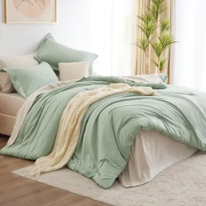 CozyLux California King Size Comforter Set Sage Green 7 Pieces Cal King Bedding Set with Comforter, Flat Sheets, Fitted Sheet, Pillowcases & Shams, Contrasting Design Boho Bed in a Bag for All Season