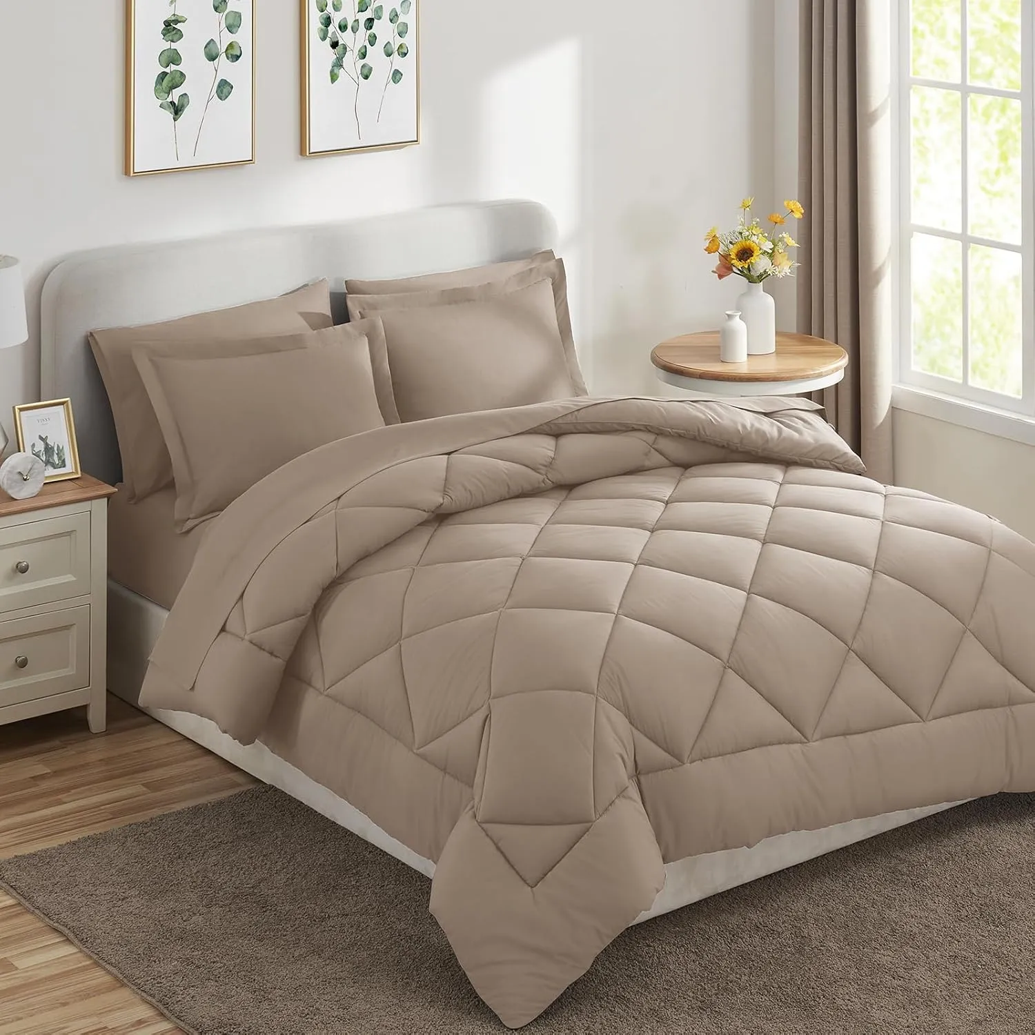 CozyLux King Comforter Set with Sheets 7 Pieces Bed in a Bag Khaki All Season Bedding Sets with Comforter, Pillow Shams, Flat Sheet, Fitted Sheet and Pillowcases