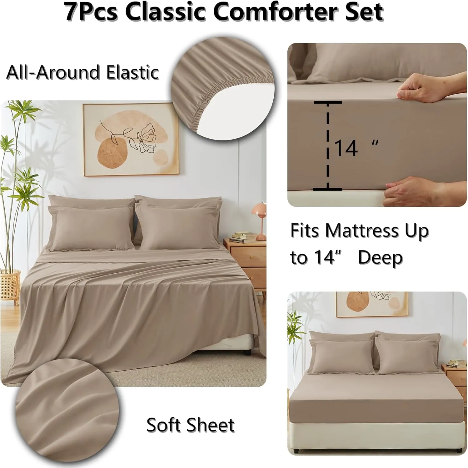 CozyLux King Comforter Set with Sheets 7 Pieces Bed in a Bag Khaki All Season Bedding Sets with Comforter, Pillow Shams, Flat Sheet, Fitted Sheet and Pillowcases