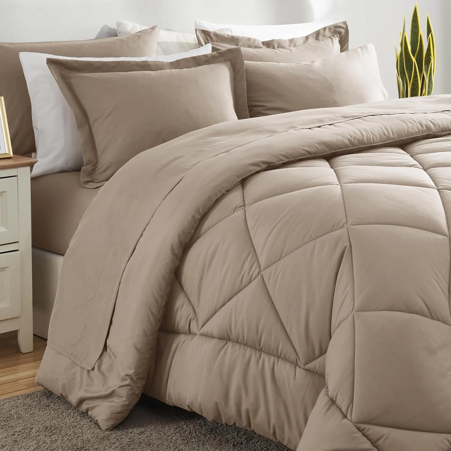 CozyLux King Comforter Set with Sheets 7 Pieces Bed in a Bag Khaki All Season Bedding Sets with Comforter, Pillow Shams, Flat Sheet, Fitted Sheet and Pillowcases