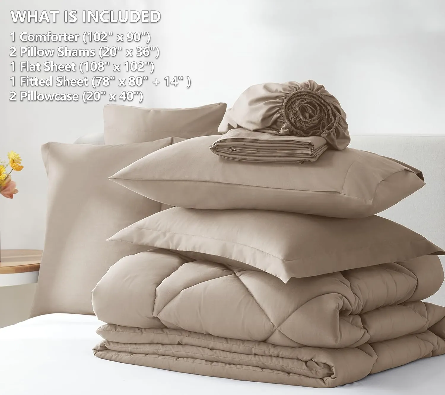 CozyLux King Comforter Set with Sheets 7 Pieces Bed in a Bag Khaki All Season Bedding Sets with Comforter, Pillow Shams, Flat Sheet, Fitted Sheet and Pillowcases