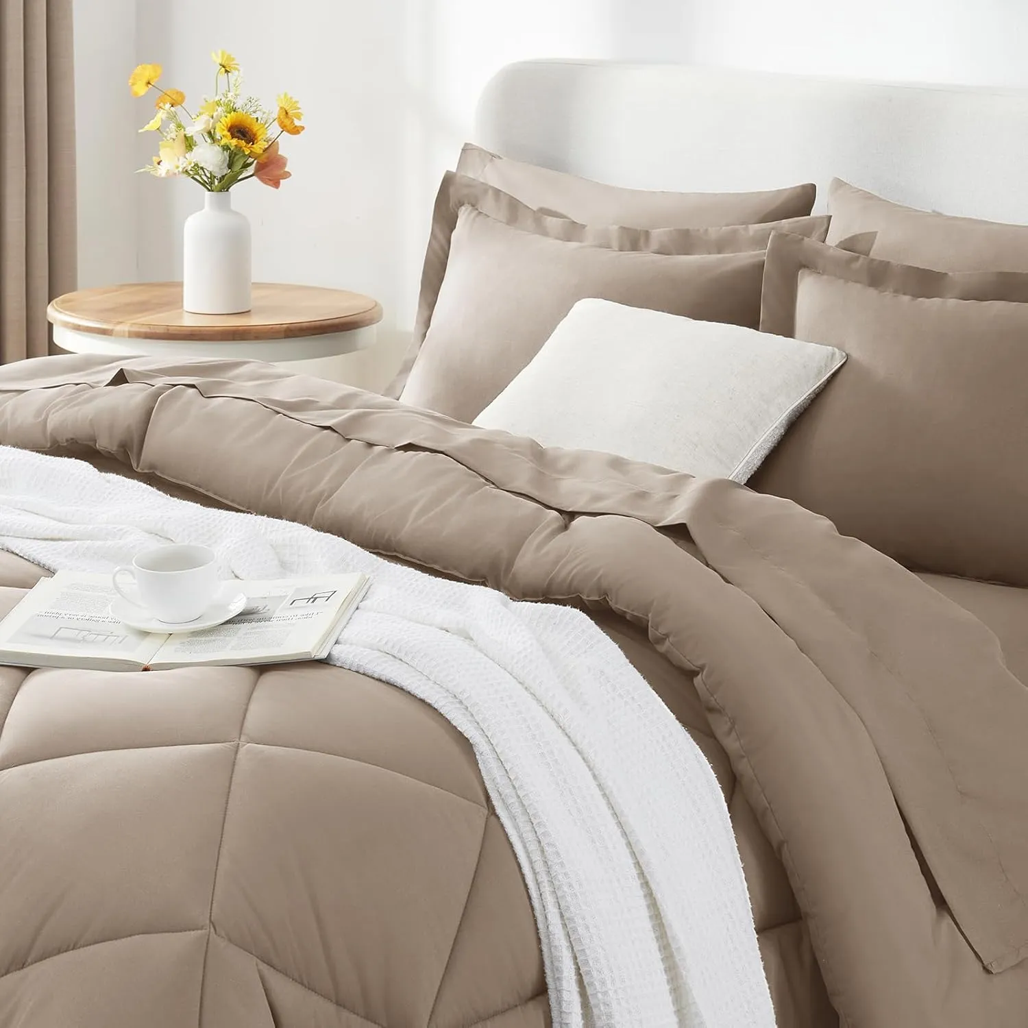 CozyLux King Comforter Set with Sheets 7 Pieces Bed in a Bag Khaki All Season Bedding Sets with Comforter, Pillow Shams, Flat Sheet, Fitted Sheet and Pillowcases