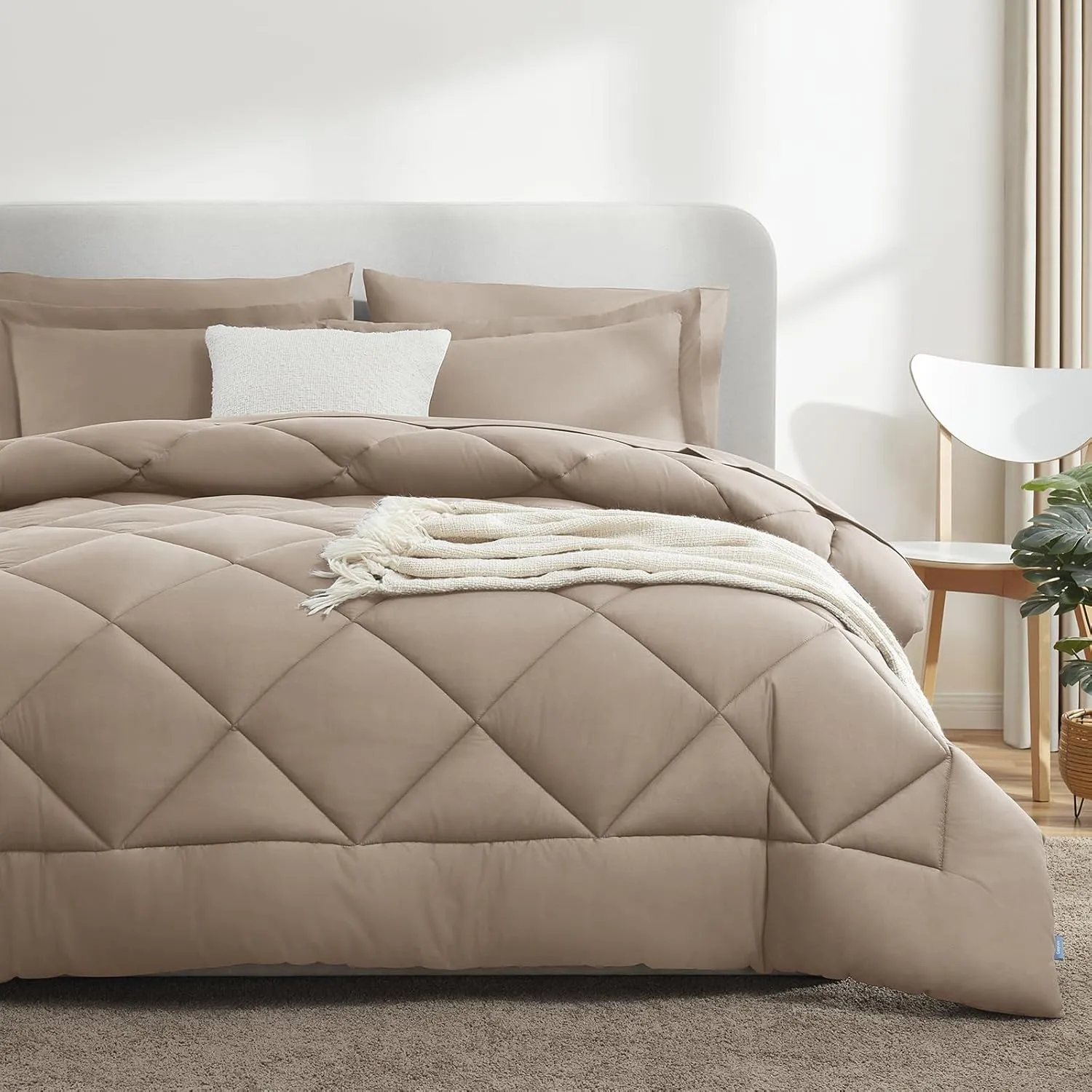 CozyLux King Comforter Set with Sheets 7 Pieces Bed in a Bag Khaki All Season Bedding Sets with Comforter, Pillow Shams, Flat Sheet, Fitted Sheet and Pillowcases