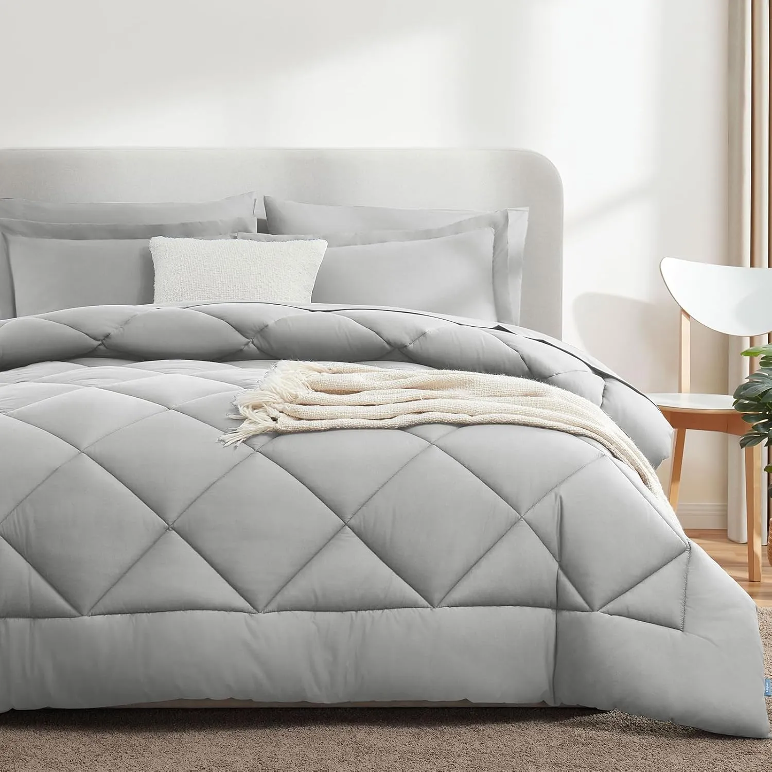 CozyLux King Size Comforter Set Light Grey - 7 Pieces Bed in a Bag King, Luxury Soft Bed Set for All Seasons, Bedding Set with Down Alternative Comforter, Sheets, Pillowcases & Shams