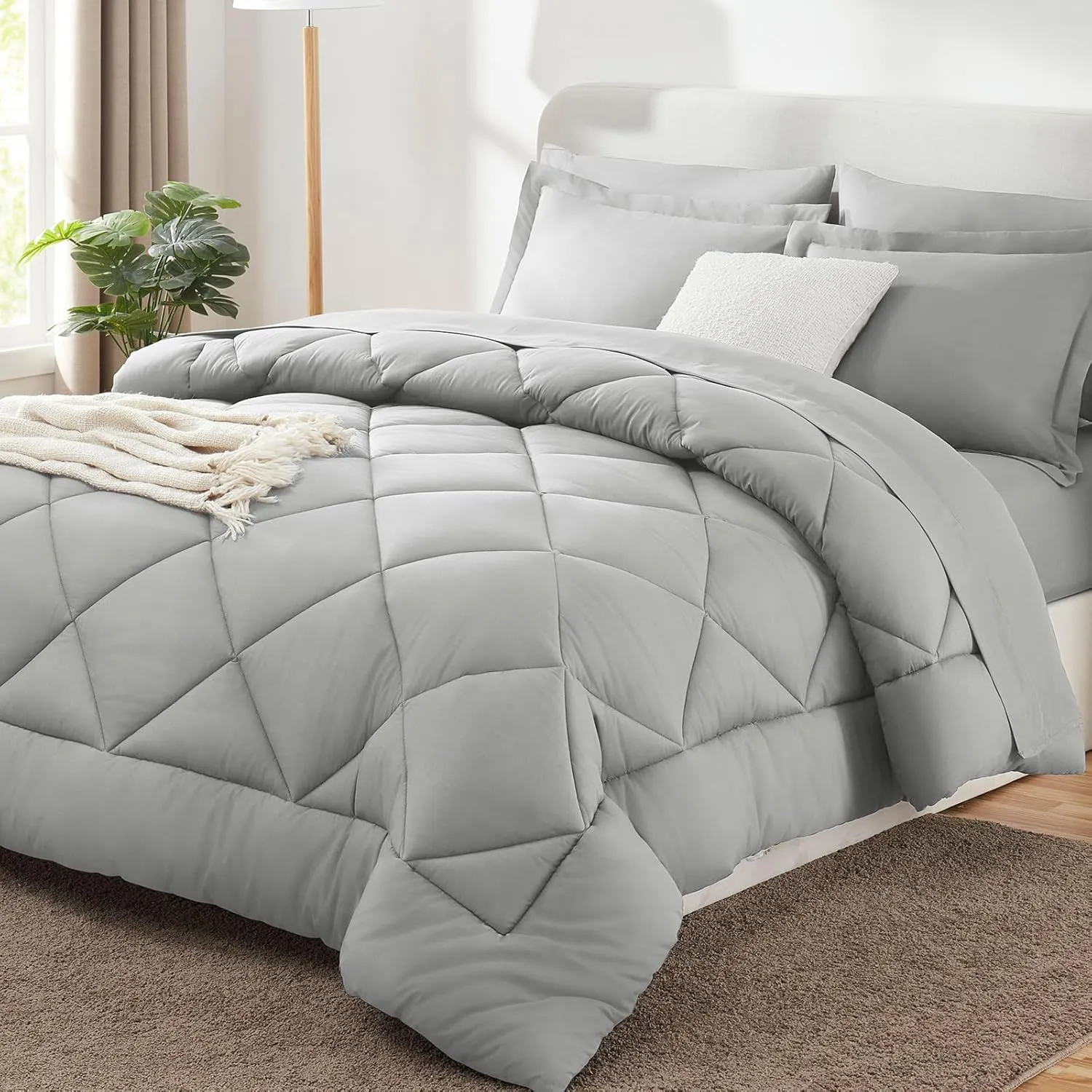 CozyLux King Size Comforter Set Light Grey - 7 Pieces Bed in a Bag King, Luxury Soft Bed Set for All Seasons, Bedding Set with Down Alternative Comforter, Sheets, Pillowcases & Shams