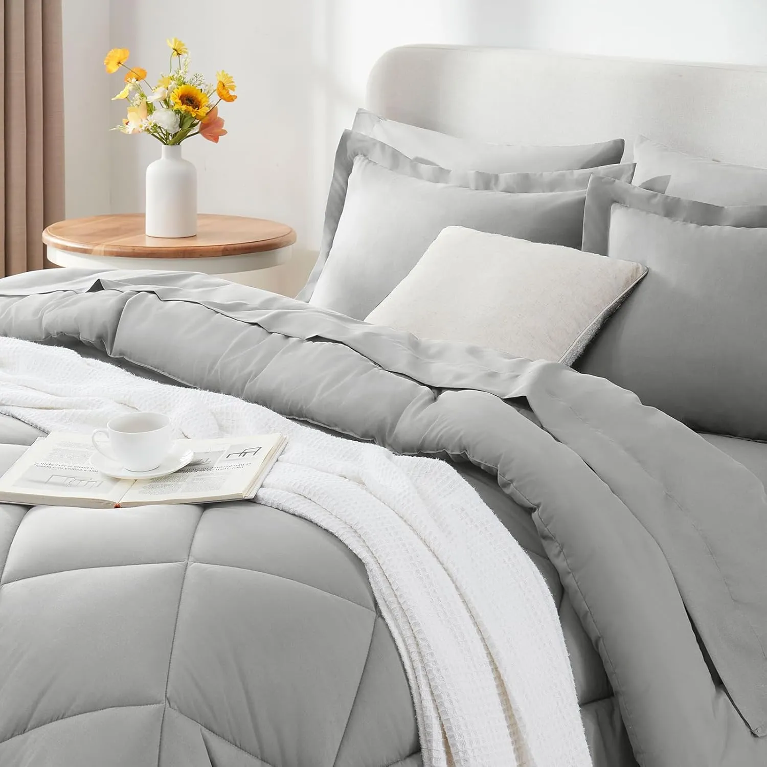 CozyLux King Size Comforter Set Light Grey - 7 Pieces Bed in a Bag King, Luxury Soft Bed Set for All Seasons, Bedding Set with Down Alternative Comforter, Sheets, Pillowcases & Shams