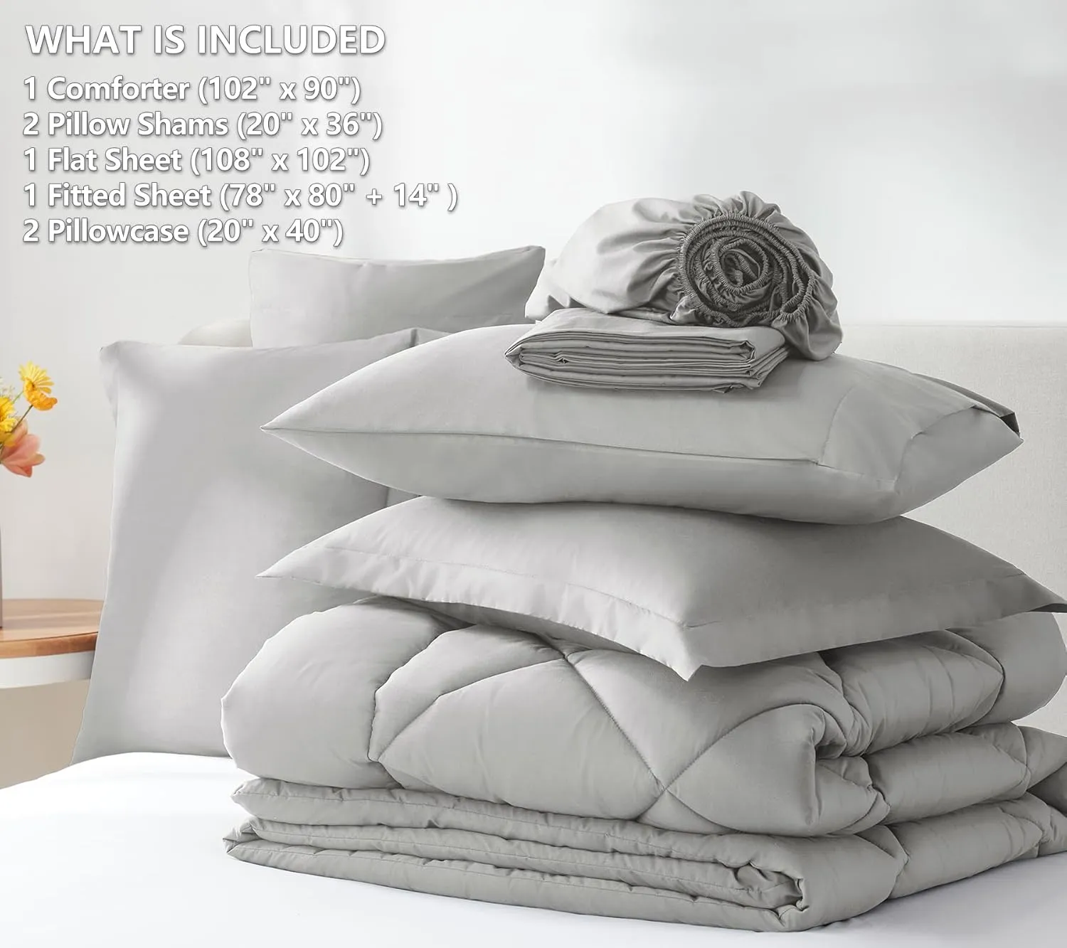 CozyLux King Size Comforter Set Light Grey - 7 Pieces Bed in a Bag King, Luxury Soft Bed Set for All Seasons, Bedding Set with Down Alternative Comforter, Sheets, Pillowcases & Shams