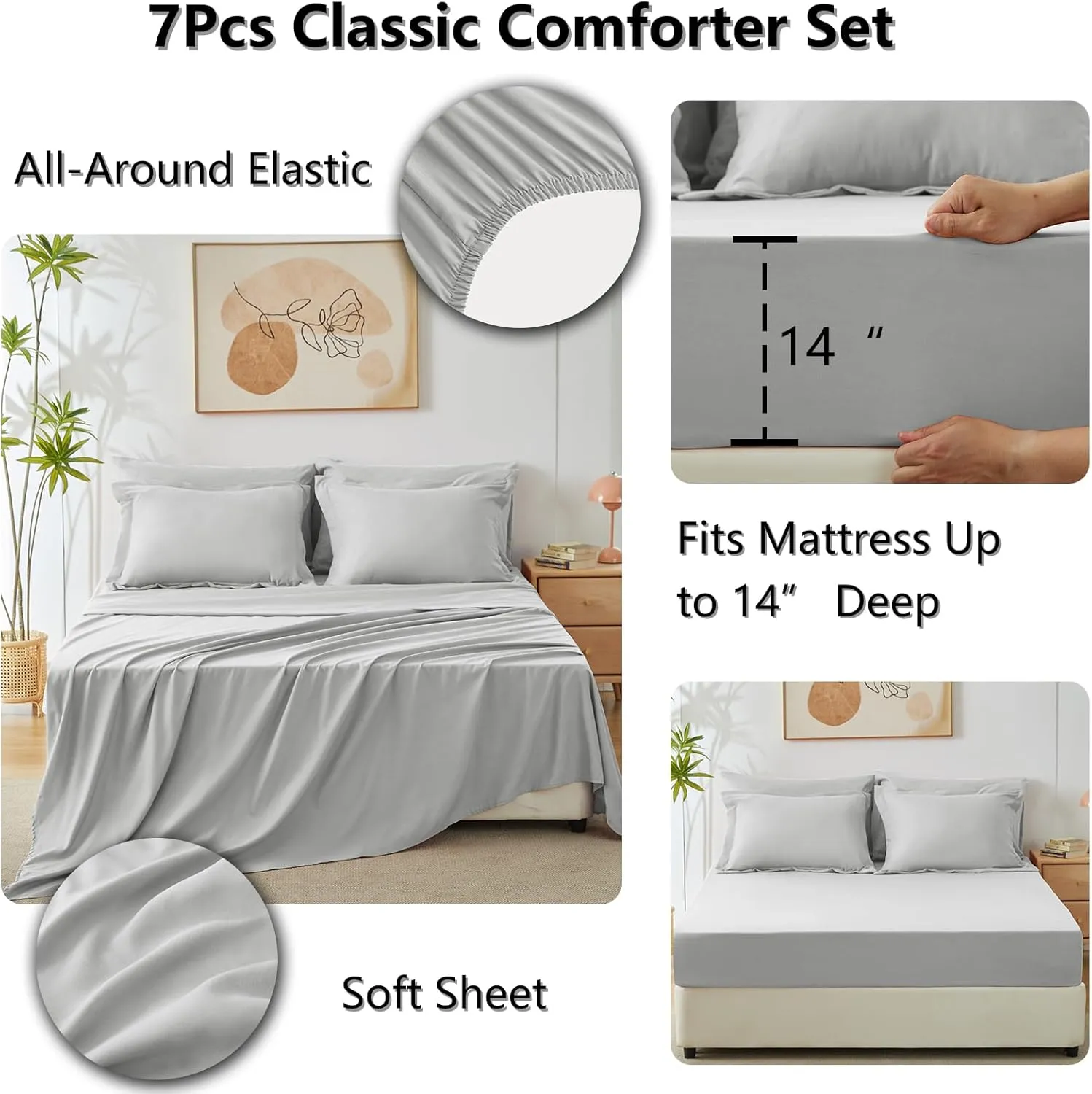 CozyLux King Size Comforter Set Light Grey - 7 Pieces Bed in a Bag King, Luxury Soft Bed Set for All Seasons, Bedding Set with Down Alternative Comforter, Sheets, Pillowcases & Shams