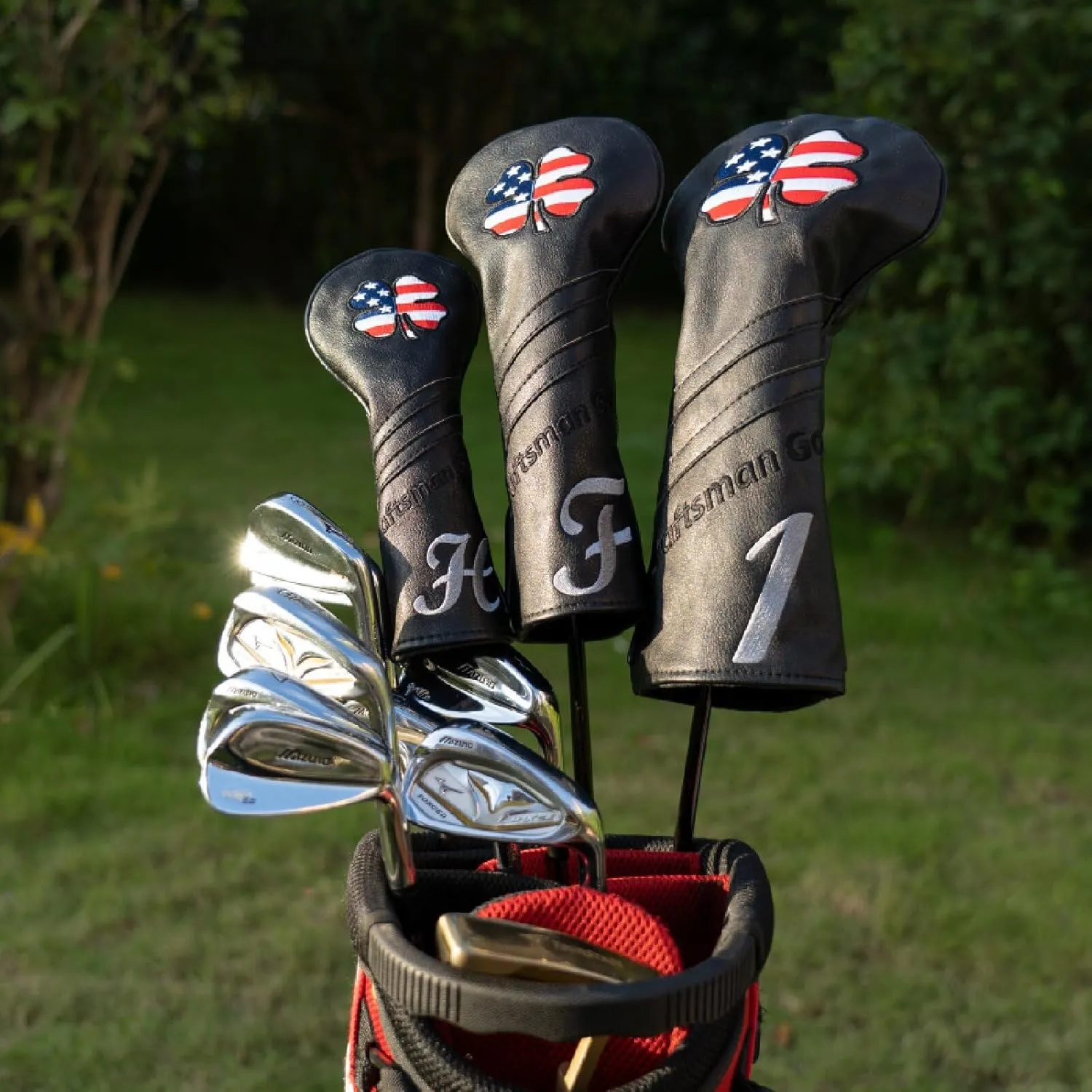 Craftsman Golf USA US Flag Clover Leather Black Driver Fairway Wood Rescue Hybrid Putter Cover Headcovers Also for Customization Version with Your Name Stitched