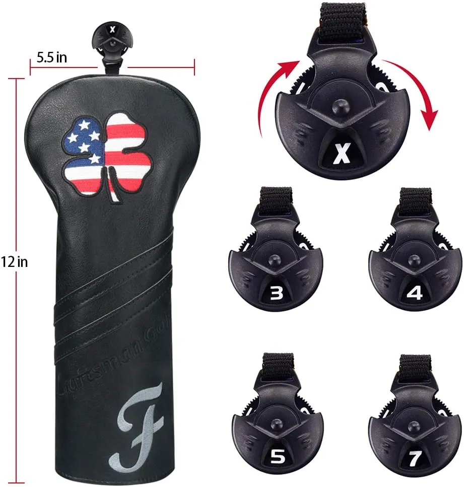 Craftsman Golf USA US Flag Clover Leather Black Driver Fairway Wood Rescue Hybrid Putter Cover Headcovers Also for Customization Version with Your Name Stitched