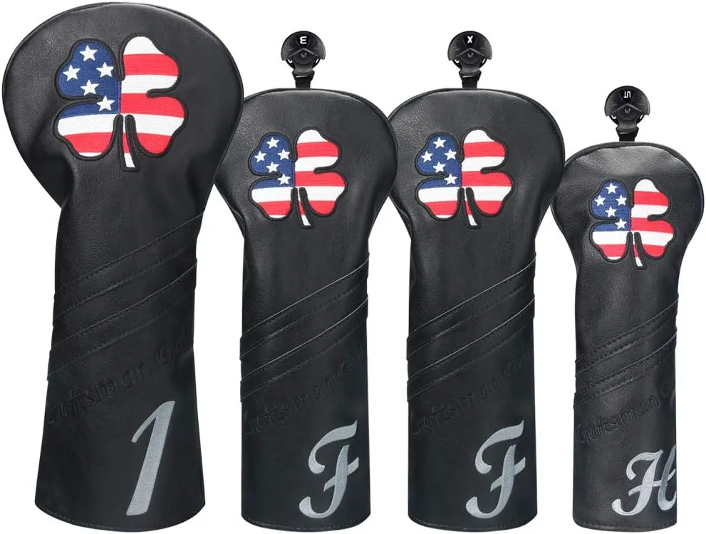 Craftsman Golf USA US Flag Clover Leather Black Driver Fairway Wood Rescue Hybrid Putter Cover Headcovers Also for Customization Version with Your Name Stitched