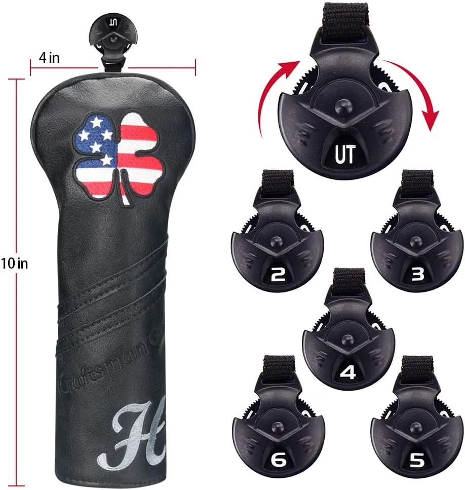Craftsman Golf USA US Flag Clover Leather Black Driver Fairway Wood Rescue Hybrid Putter Cover Headcovers Also for Customization Version with Your Name Stitched