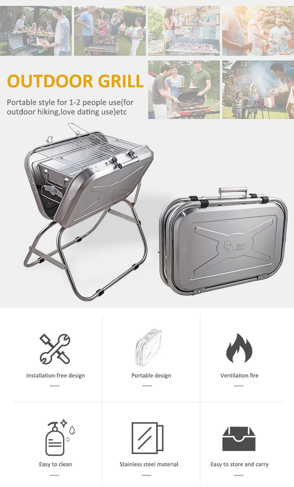 CRONY Full assortment Outdoor Folding Top-notch service Portable grill Commercial Camping Charcoal Portable Steel 8828 Stainless Grill Bbq