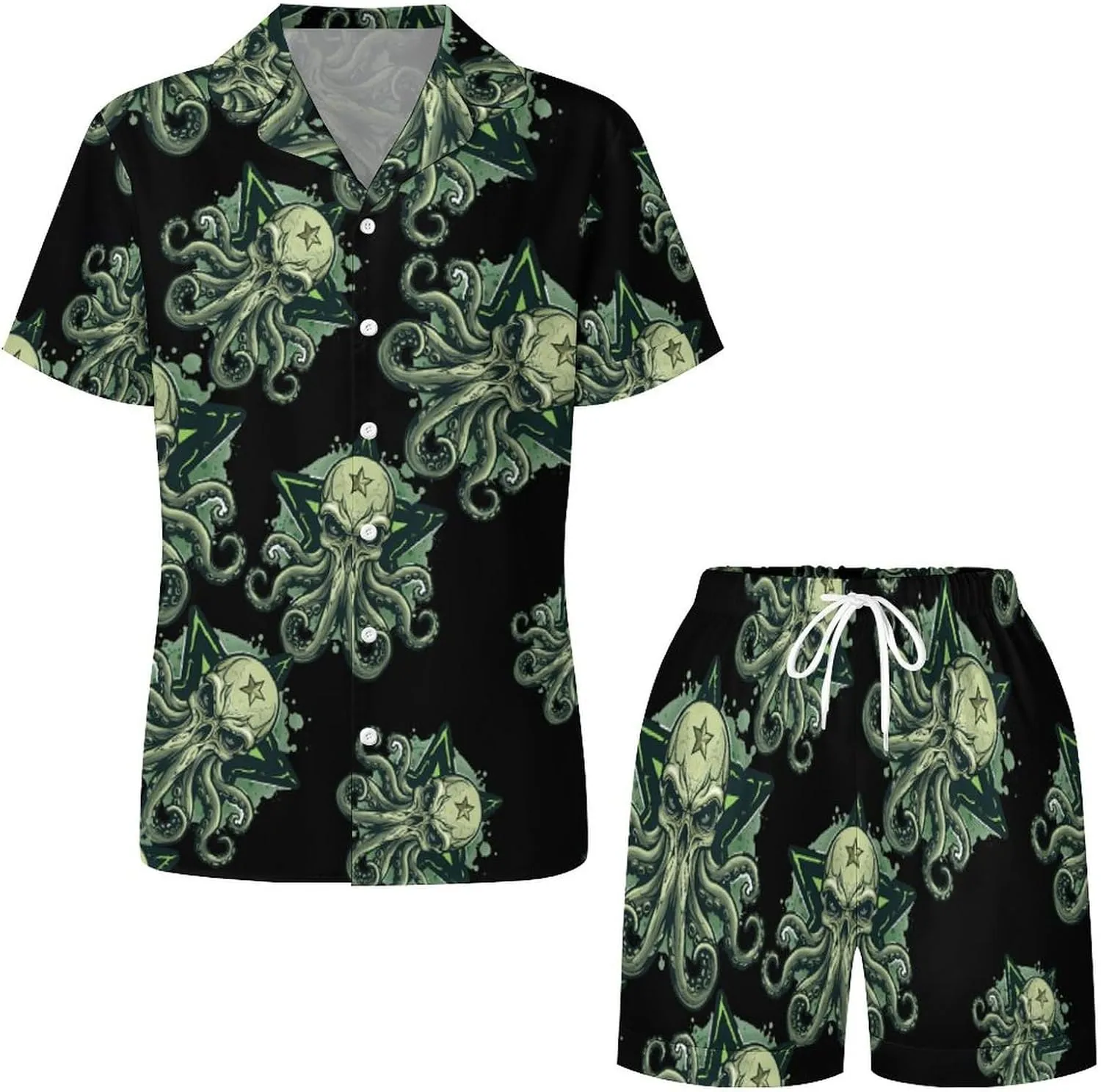 Cthulhues Skull Women's Satin Pajama Set Short Sleeve Button Down Sleepwear Loungewear Pj Set