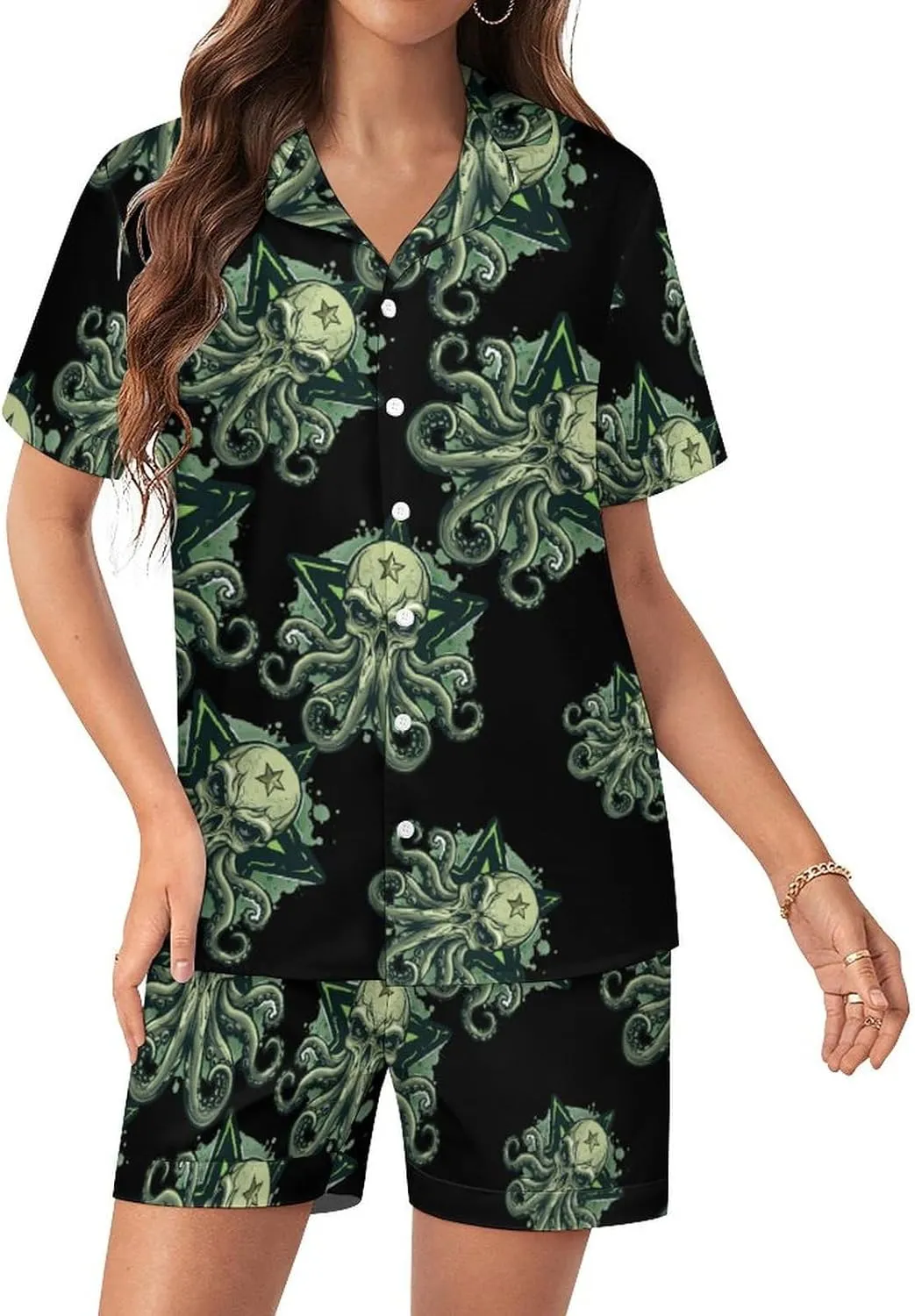 Cthulhues Skull Women's Satin Pajama Set Short Sleeve Button Down Sleepwear Loungewear Pj Set
