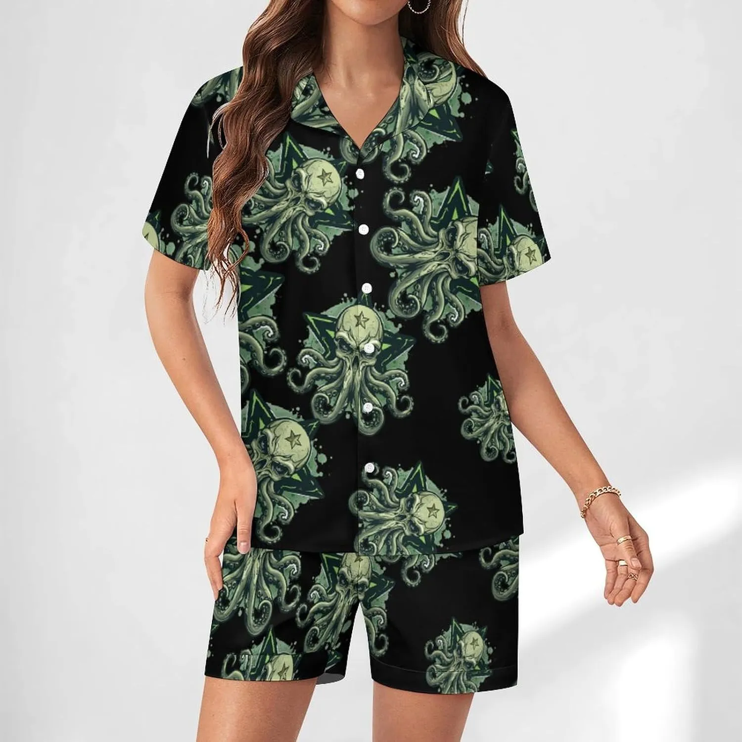 Cthulhues Skull Women's Satin Pajama Set Short Sleeve Button Down Sleepwear Loungewear Pj Set