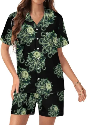 Cthulhues Skull Women's Satin Pajama Set Short Sleeve Button Down Sleepwear Loungewear Pj Set