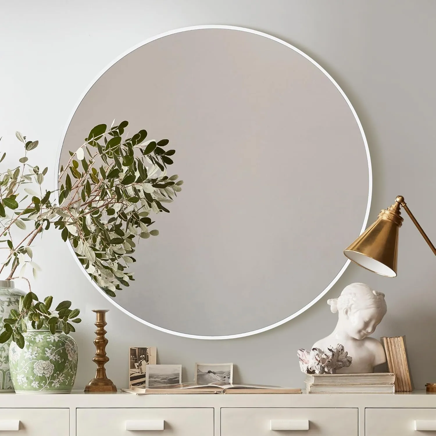 CULER Round White Bathroom 30 Inch Mirror,Circle Wall Modern Mirror for Bedroom,Hanging Vanity Tempered Glass Mirrors for Entryway or Living Room