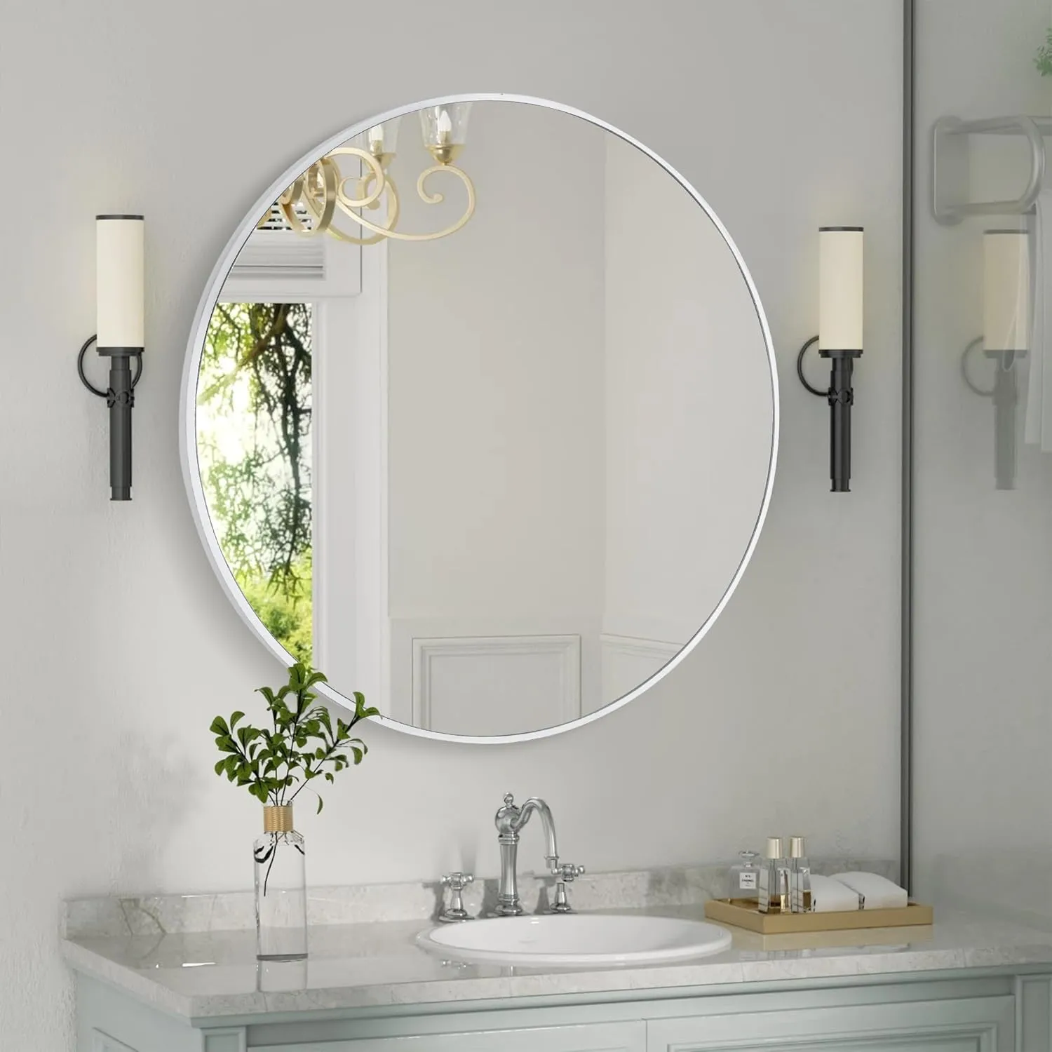 CULER Round White Bathroom 30 Inch Mirror,Circle Wall Modern Mirror for Bedroom,Hanging Vanity Tempered Glass Mirrors for Entryway or Living Room