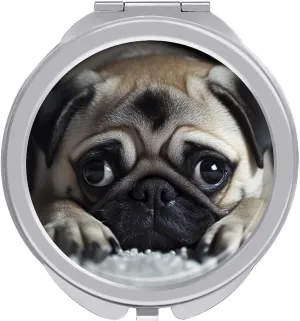 Cute Cartoon Pug Dog Compact Makeup Mirror Mini Foldable Cosmetic Mirror Portable Travel Mirror for Purse Pocket
